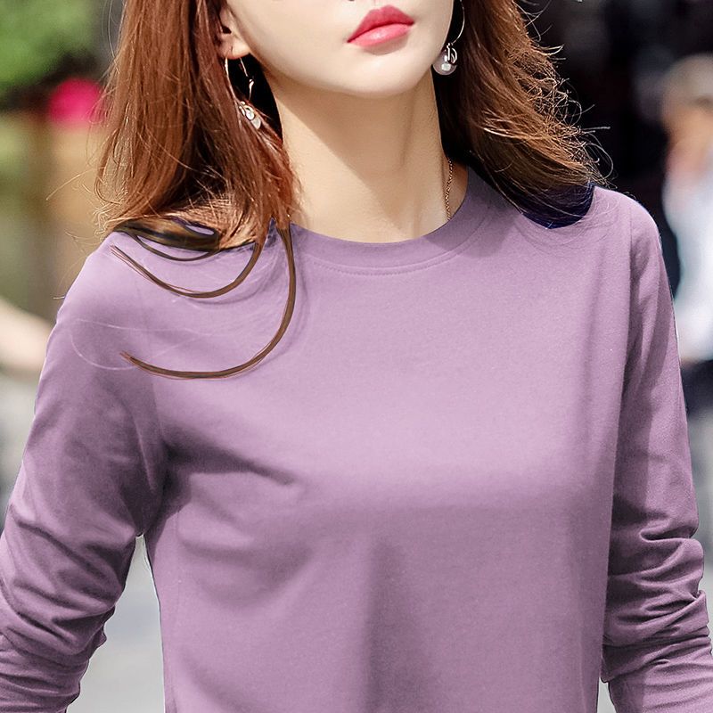 100%棉紫色打底衫女2022春秋新款纯棉长袖t恤大码中年妈妈打底衫