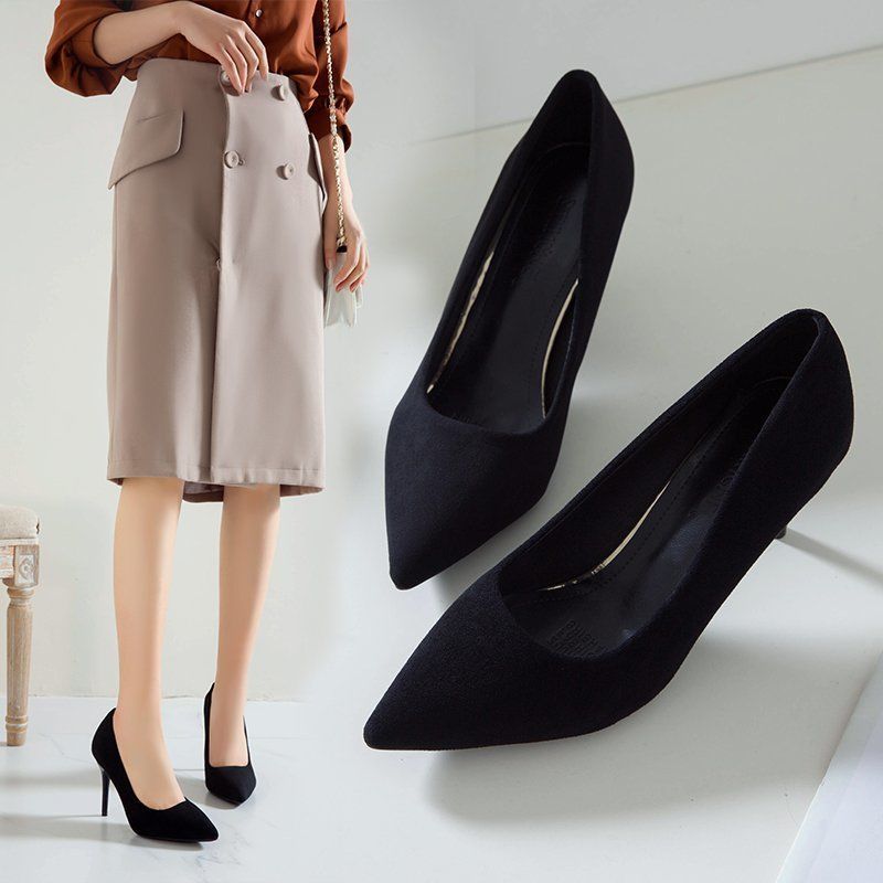 Summer new black suede high heeled shoes with pointed head, shallow mouth and thin heel