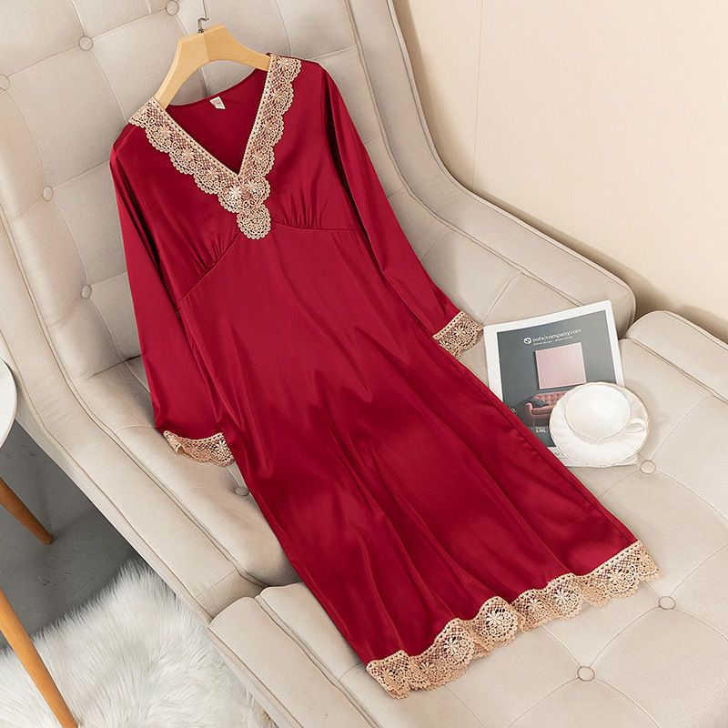 Pajamas women's summer ice silk nightdress sexy long-sleeved mid-length loose long skirt thin section spring and autumn Korean version 2022 new