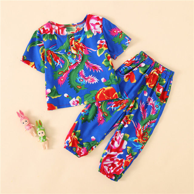 Summer artificial cotton children's short-sleeved suit thin section small and medium-sized children's flower cloth round neck pullover trousers cotton silk clothes home service