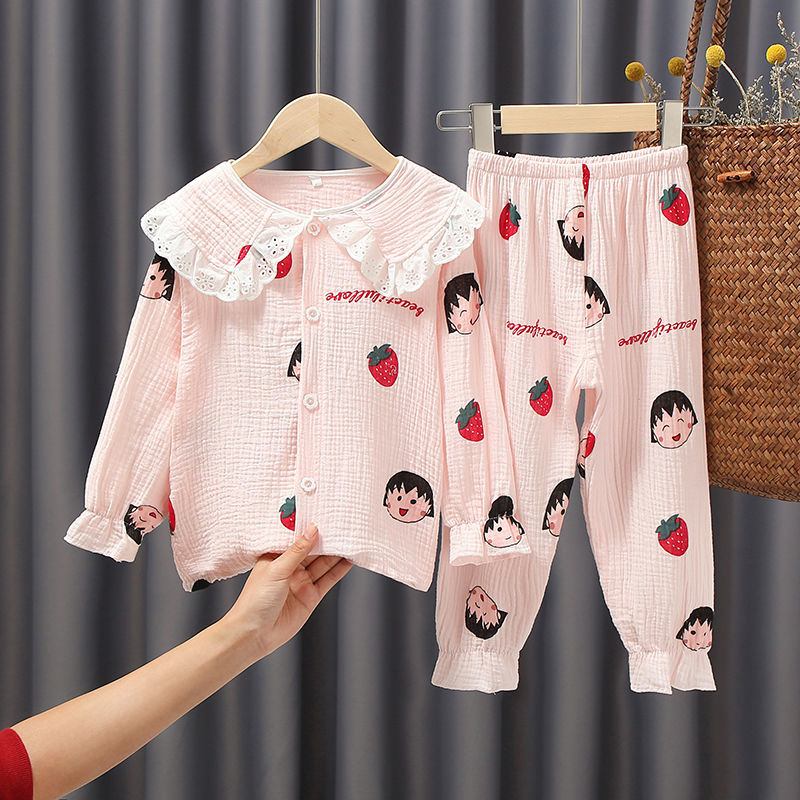 Girls cotton gauze pajamas children's spring and summer double-layer boy short-sleeved summer thin suit home clothes