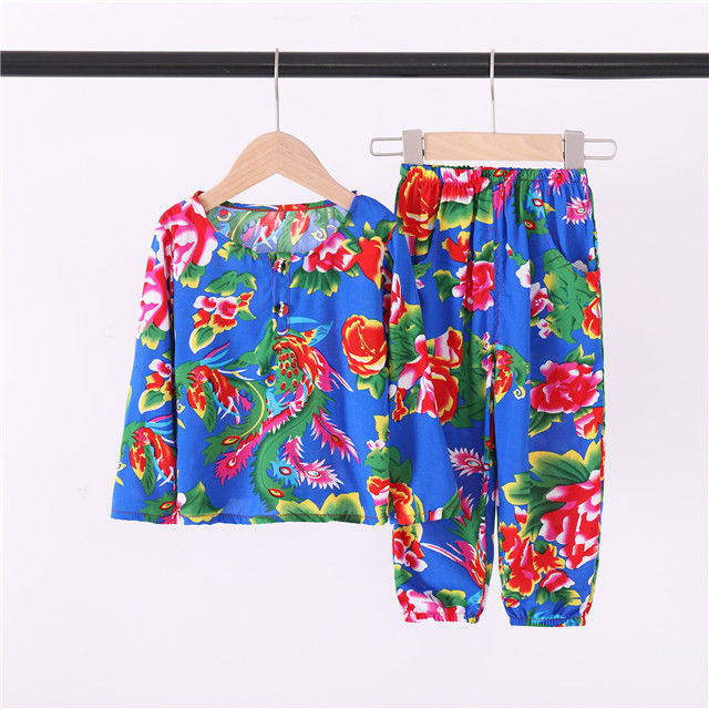 Summer artificial cotton children's short-sleeved suit thin section small and medium-sized children's flower cloth round neck pullover trousers cotton silk clothes home service