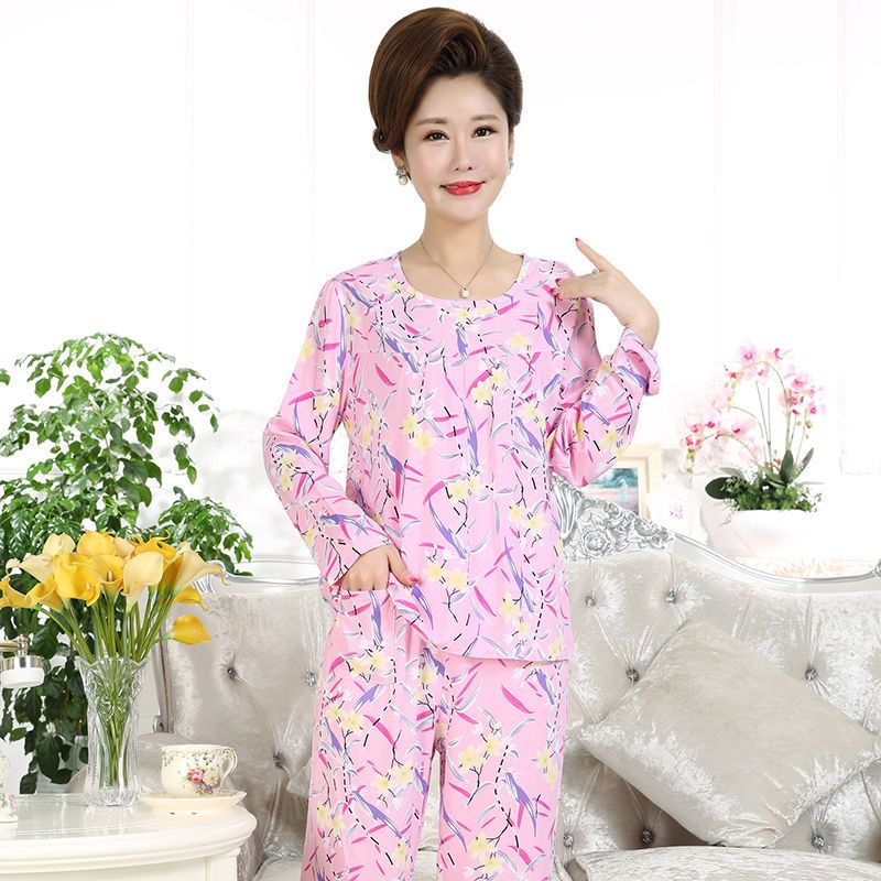 Women's pajamas spring and autumn cotton silk long-sleeved suit summer clothes middle-aged and elderly mothers artificial cotton home clothes two-piece set