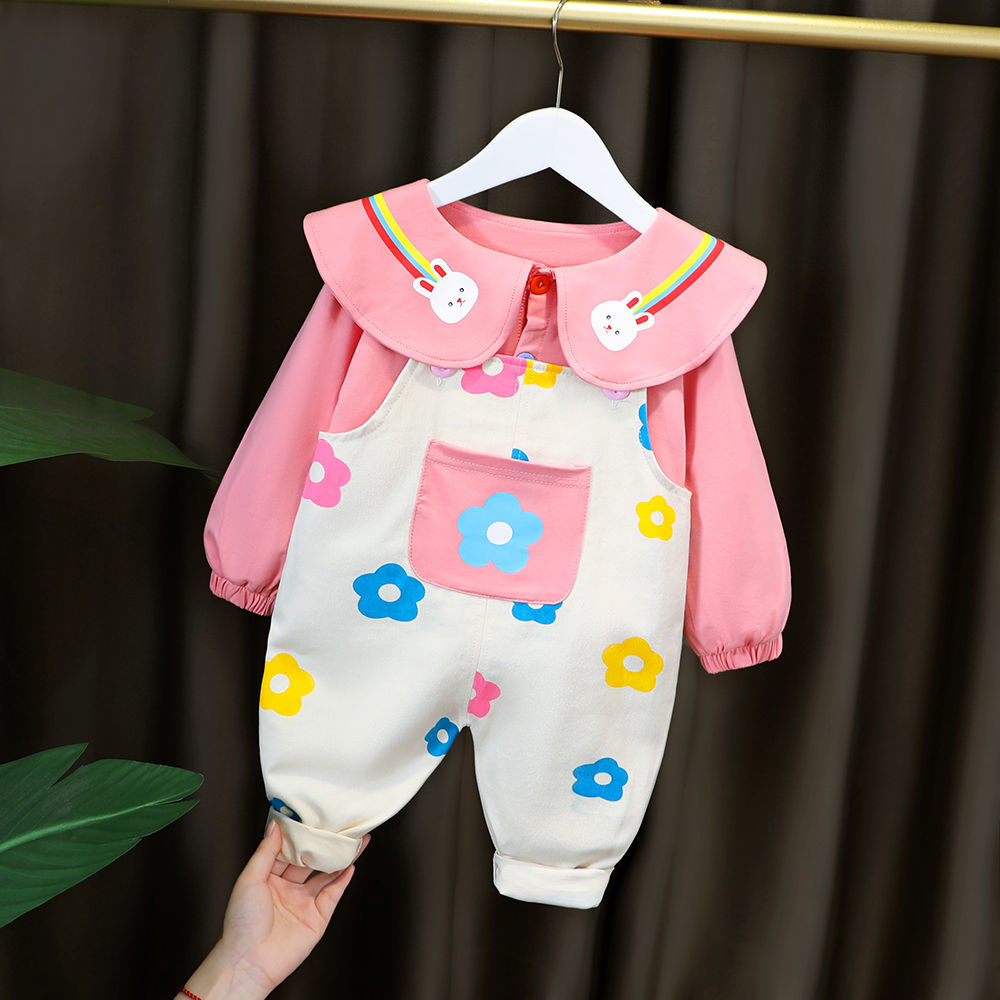 寶寶春裝套裝洋氣2023新款女寶寶春季背帶褲兩件套韓版嬰幼兒衣服