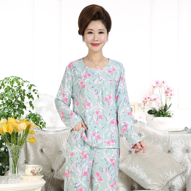 Women's pajamas spring and autumn cotton silk long-sleeved suit summer clothes middle-aged and elderly mothers artificial cotton home clothes two-piece set