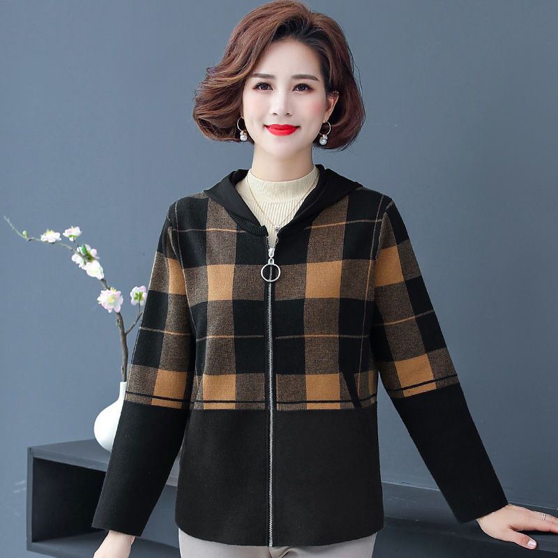 75896-妈妈春装格子外套洋气中年女大码遮肚上衣中老年春秋时尚带帽开衫-详情图