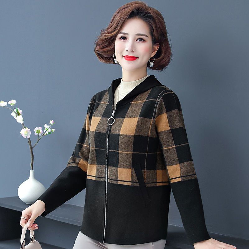 75896-妈妈春装格子外套洋气中年女大码遮肚上衣中老年春秋时尚带帽开衫-详情图