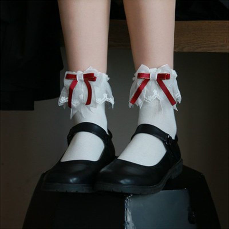 日系lolita软妹萝莉棉袜子女洛丽塔蝴蝶结丝带袜花边堆堆袜中筒