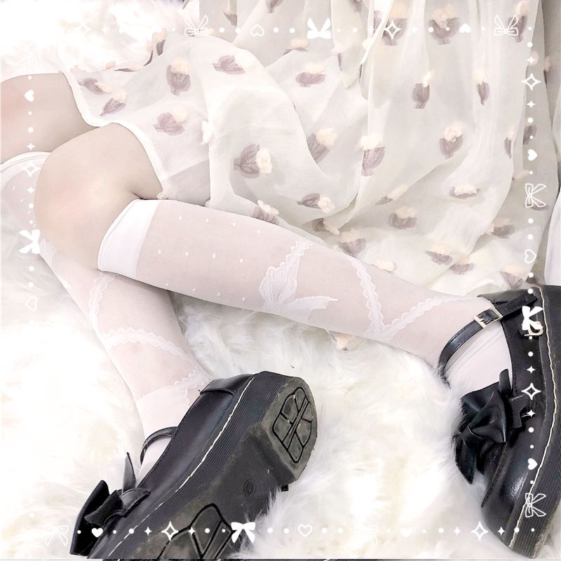 日系Lolita洛丽塔甜美蝴蝶结交叉绑带中筒袜jk小腿袜超薄款女夏季