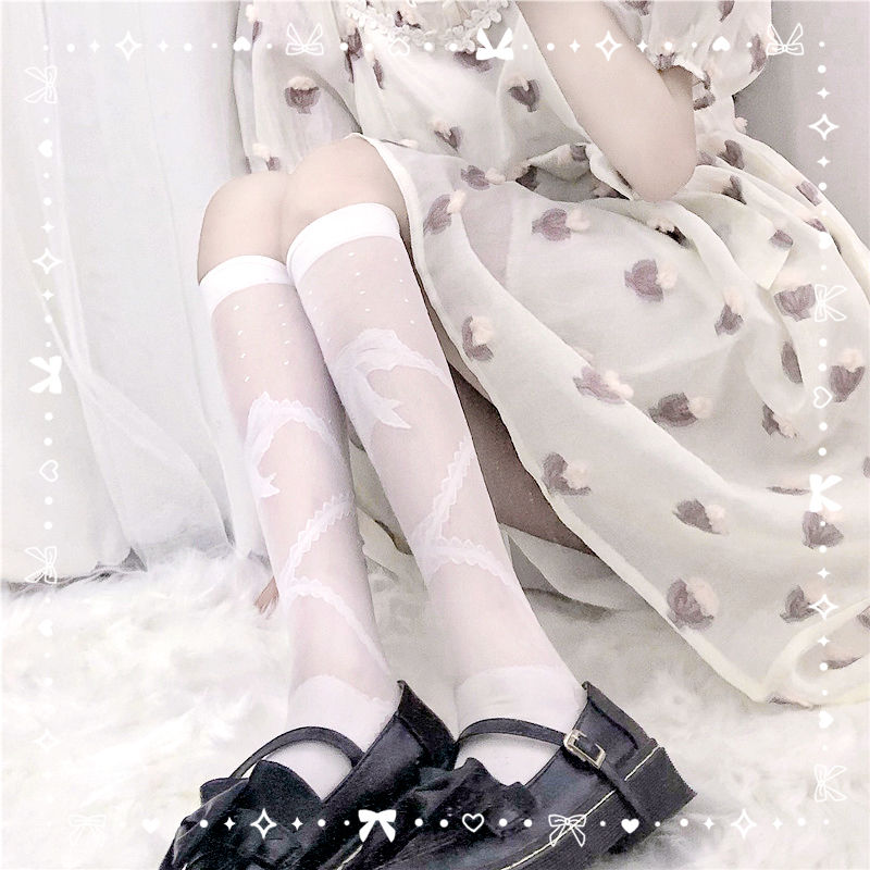 日系Lolita洛丽塔甜美蝴蝶结交叉绑带中筒袜jk小腿袜超薄款女夏季