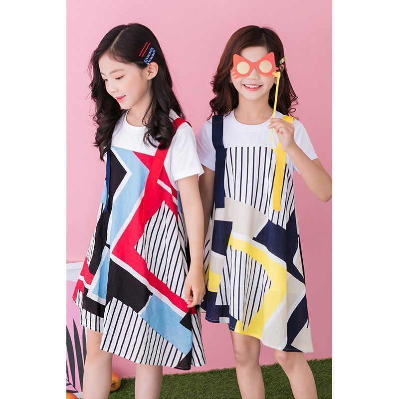 女童夏装裙子姐妹装假两件背带裙时尚炸街亲子装裙中小学生连衣裙