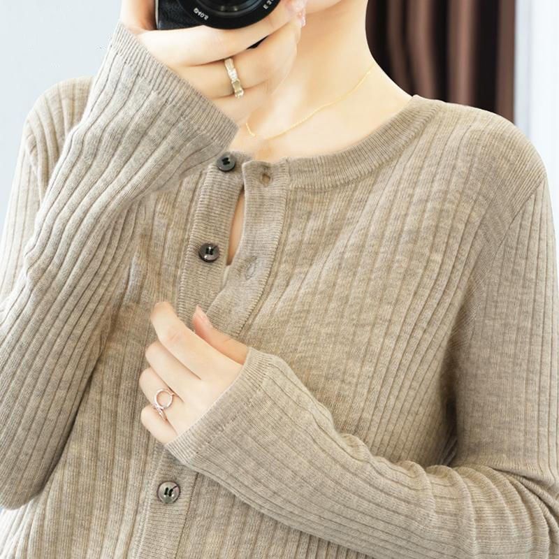 羊絨針織開衫外套女寬鬆居家圓領毛衣外套紐扣豎條小開衫輕奢女裝