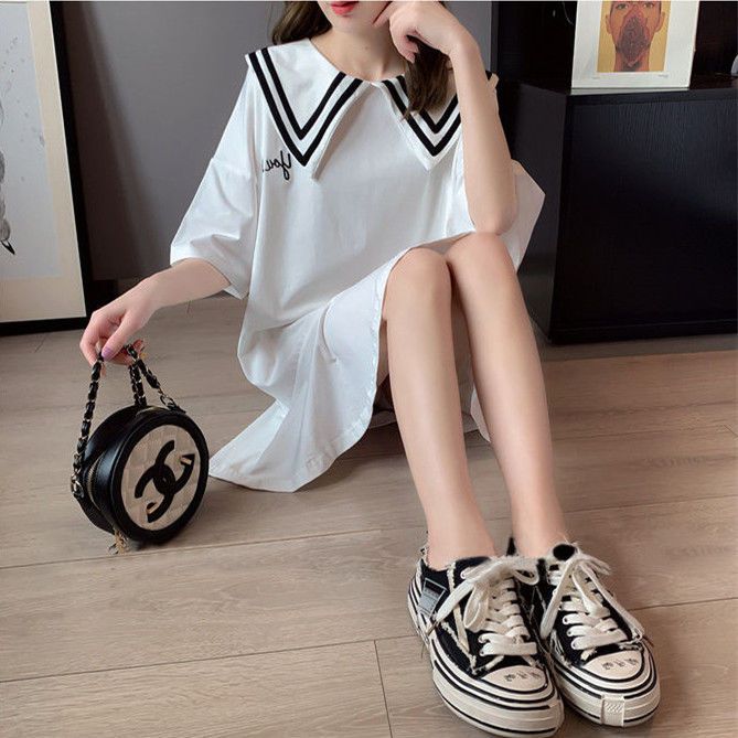 Fat MM extra large size 300 catties T-shirt mermaid skirt 2023 spring and summer loose hidden meat showing thin doll collar embroidery dress