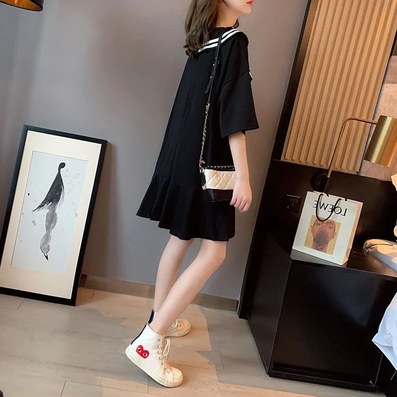 Fat MM extra large size 300 catties T-shirt mermaid skirt  spring and summer loose hidden meat showing thin doll collar embroidery dress