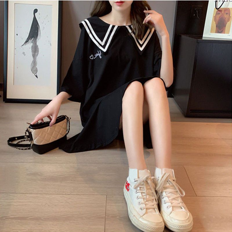 Fat MM extra large size 300 catties T-shirt mermaid skirt 2023 spring and summer loose hidden meat showing thin doll collar embroidery dress