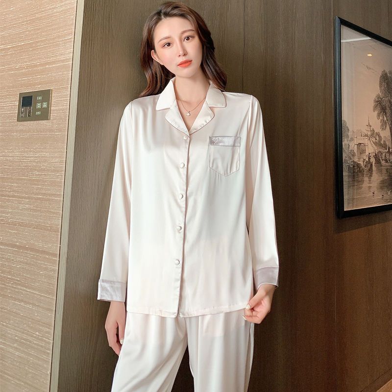 睡衣女春秋季冰絲長袖薄款性感可外穿秋冬甜美可愛家居服兩件套裝