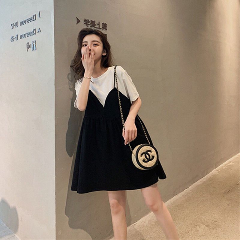 Fat MM extra large size 300 catties pregnant women T-shirt skirt  spring and summer loose hidden meat thin suspenders fake two-piece dress