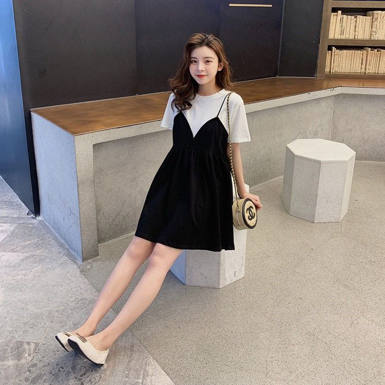 Fat MM extra large size 300 catties pregnant women T-shirt skirt  spring and summer loose hidden meat thin suspenders fake two-piece dress