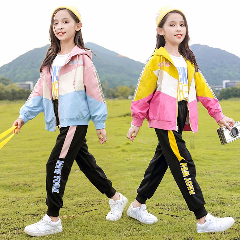 女童春裝套裝2022新款中大童網紅洋氣兒童裝春秋季女孩運動三件套