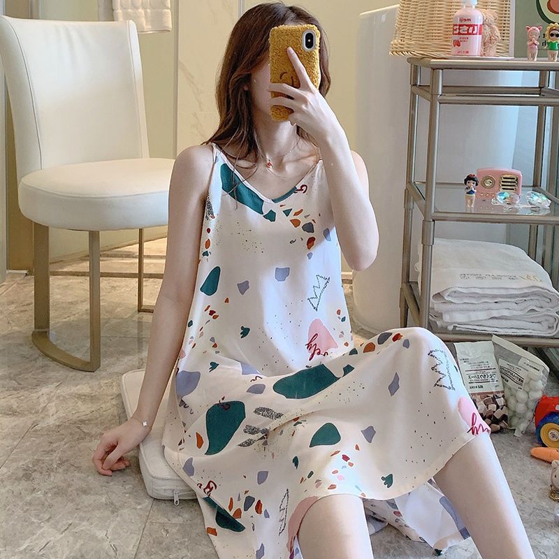 Suspender nightdress cotton silk women's spring and summer super long small Sexy Student sweet pajamas artificial cotton back home clothes