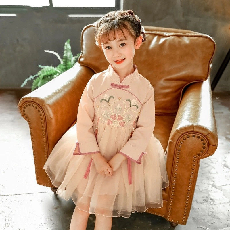女童連衣裙春裝新款中大童洋氣裙子中國風長袖兒童春秋漢服公主裙