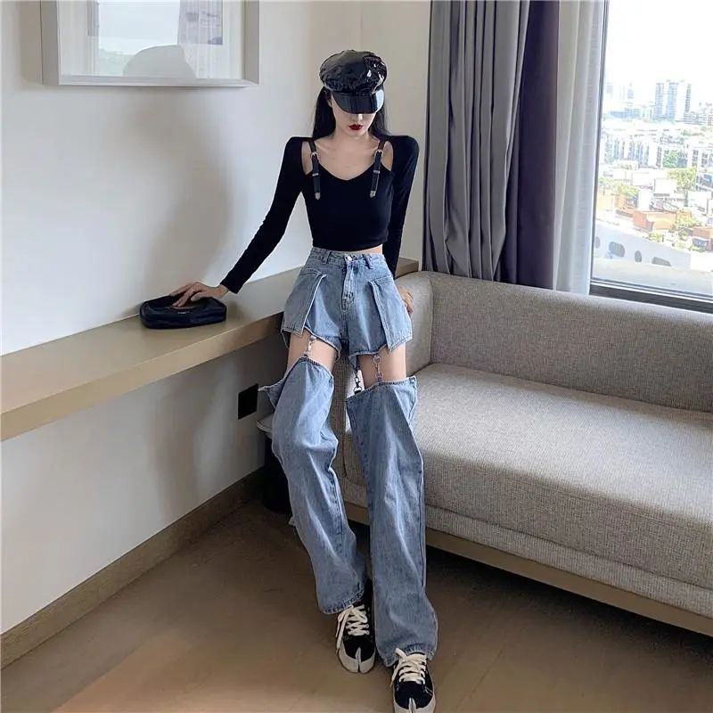 Jeans women's spring and autumn new loose high waist thin wide legs straight tube long pants design feeling removable shorts fashion