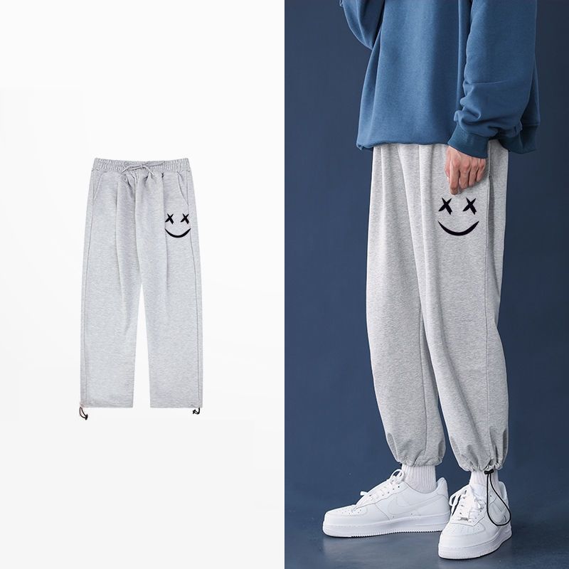 Autumn trendy brand knitted gray sports pants men's trendy brand wide-leg drawstring trousers 1/2 all-match loose sweatpants