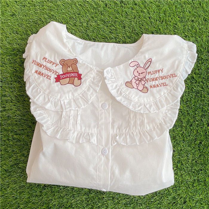 Spring and autumn Japanese soft girl cute lace collar rabbit ears embroidery vitality girl shirt western style top all-match special