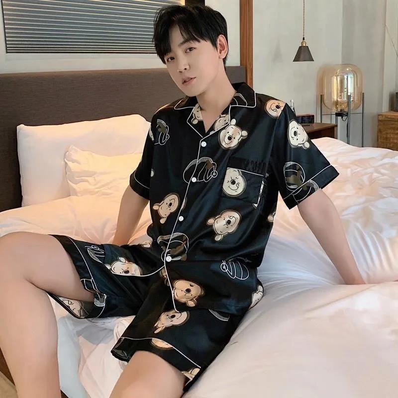 One Piece Ice Silk Short Sleeve Pajamas Men Summer  New Teen Thin Cartoon Boys Home Clothes