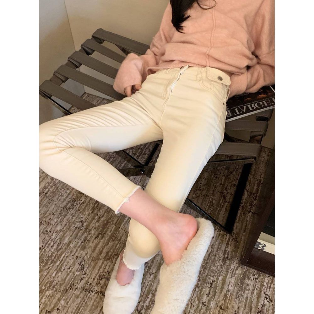 2023 autumn new beige high-waisted jeans women's large size elastic skinny feet all-match nine-point pencil pants