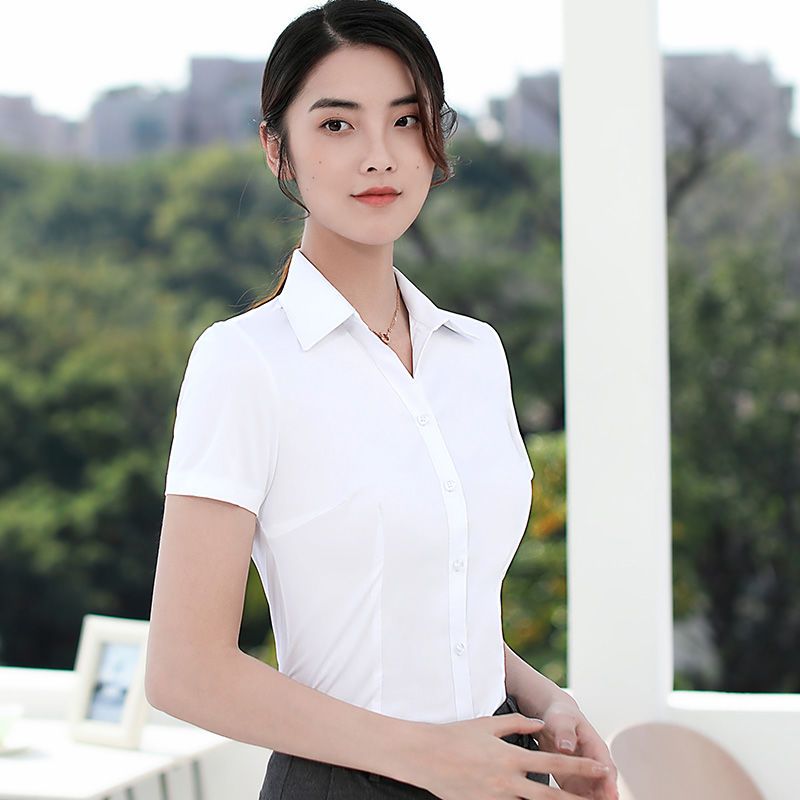 白色衬衫女长袖新款春秋衬衣职业工装正装洋气韩版V领气质工作服