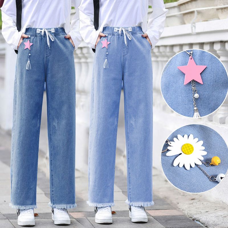Spring and autumn new Korean version of women's elastic waist straight jeans all-match junior high school students loose winter big children wide-legged jeans