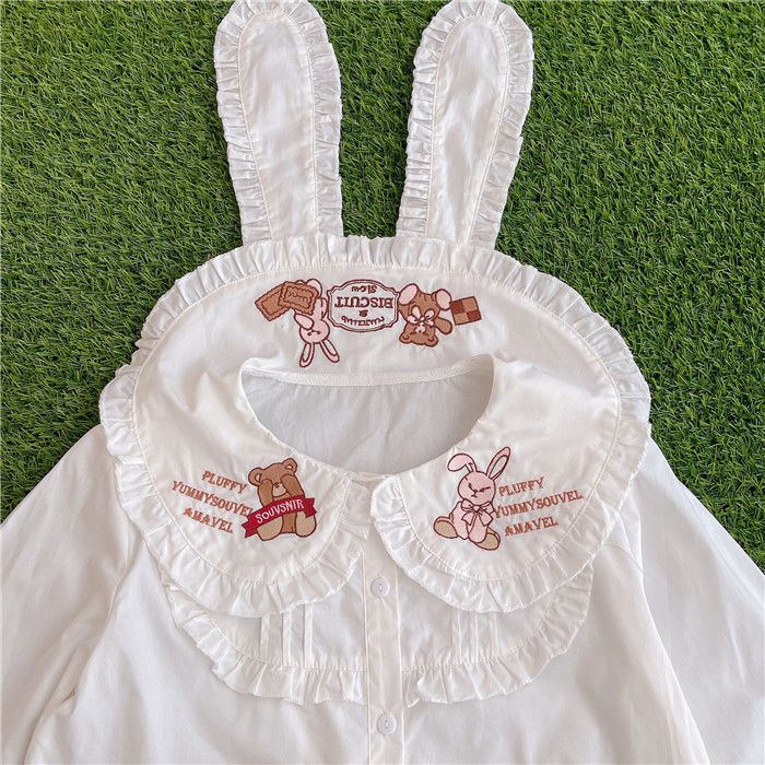 Spring and autumn Japanese soft girl cute lace collar rabbit ears embroidery vitality girl shirt western style top all-match special