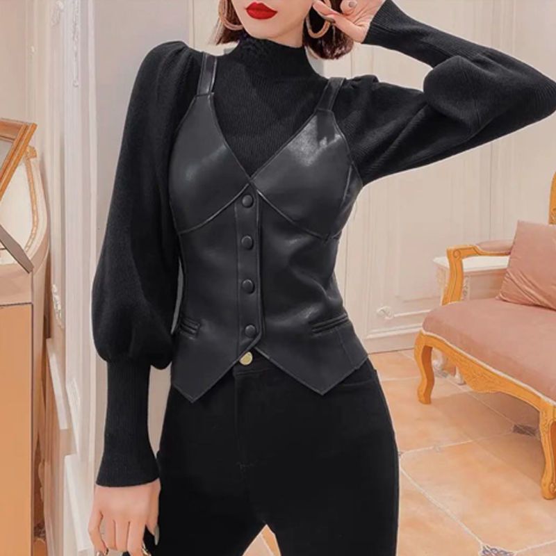 PU spring and autumn women's outer wear pu leather British style trend Korean version of foreign style thin short v-neck sleeveless vest vest