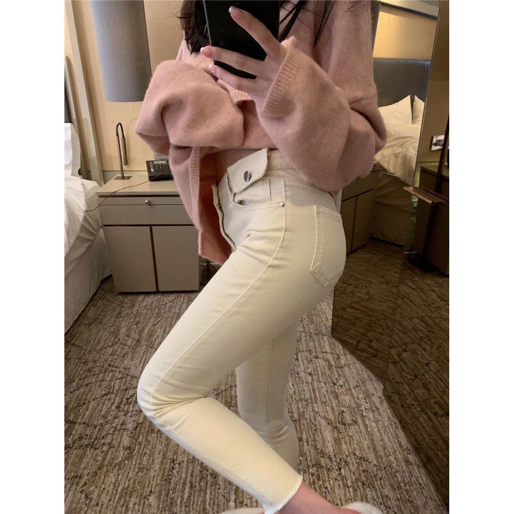 2023 autumn new beige high-waisted jeans women's large size elastic skinny feet all-match nine-point pencil pants