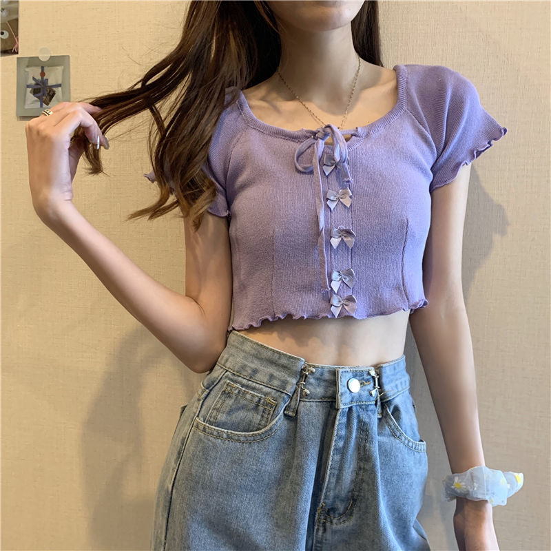 短款露脐T恤女2023年夏季新款设计感小众短袖辣妹紫色打底上衣夏