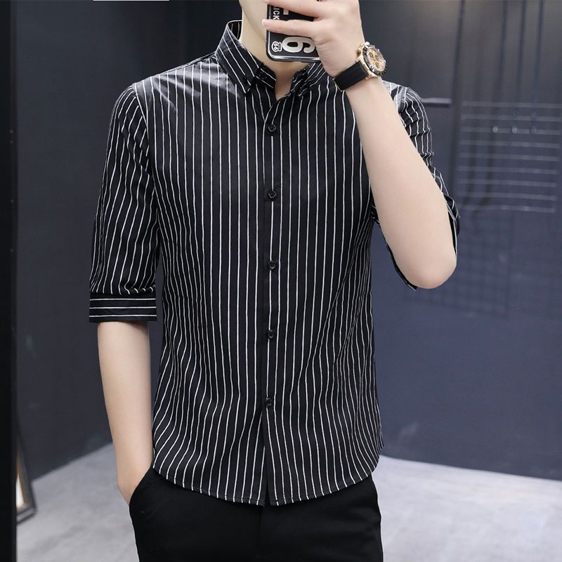  spring and summer new five-point sleeve shirt men's Korean style trendy handsome striped shirt top clothes men's middle sleeves