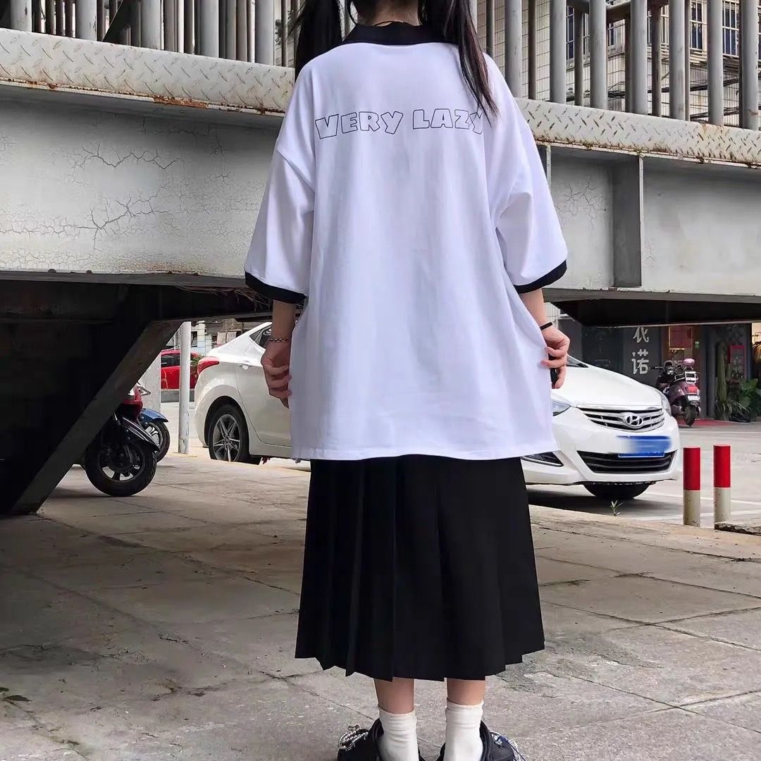 Short sleeve polo women's  summer new Harajuku letter print loose and versatile slim Mock Neck T-shirt women's fashion
