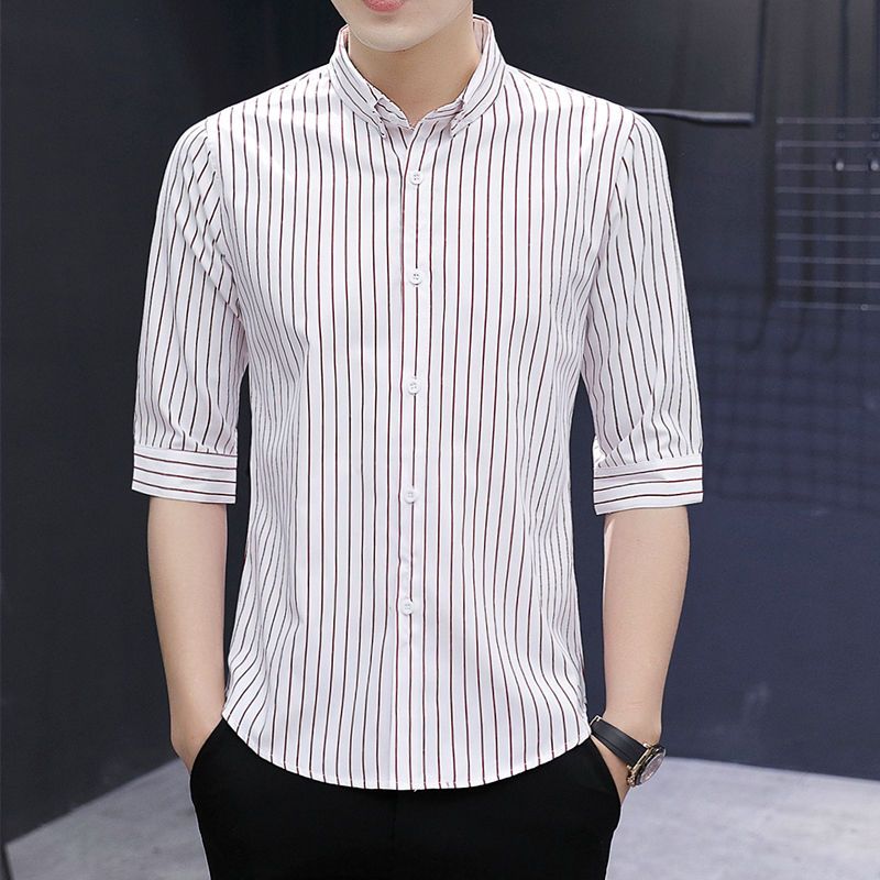  spring and summer new five-point sleeve shirt men's Korean style trendy handsome striped shirt top clothes men's middle sleeves
