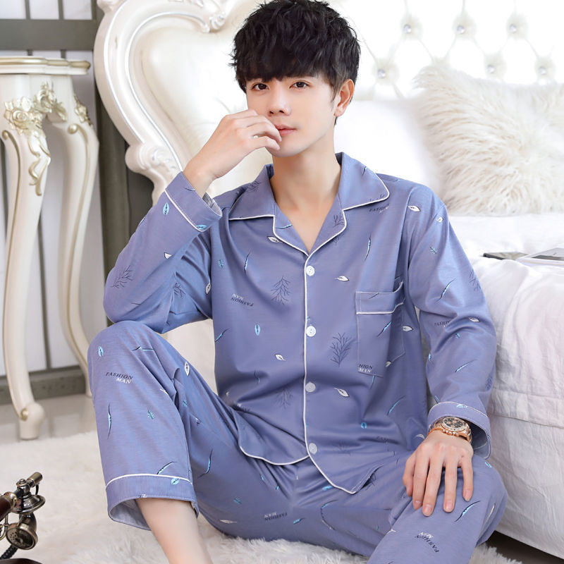 Spring and autumn men's cotton pajamas long-sleeved trousers casual and comfortable suit men's loose thin cardigan can be worn outside