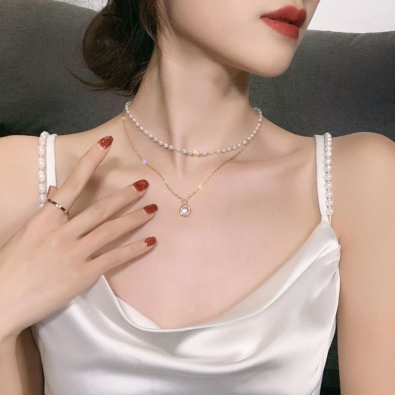 Temperament 2022 light luxury retro ins simple double-layered pearl necklace women's trendy clavicle chain neck strap neck jewelry trendy