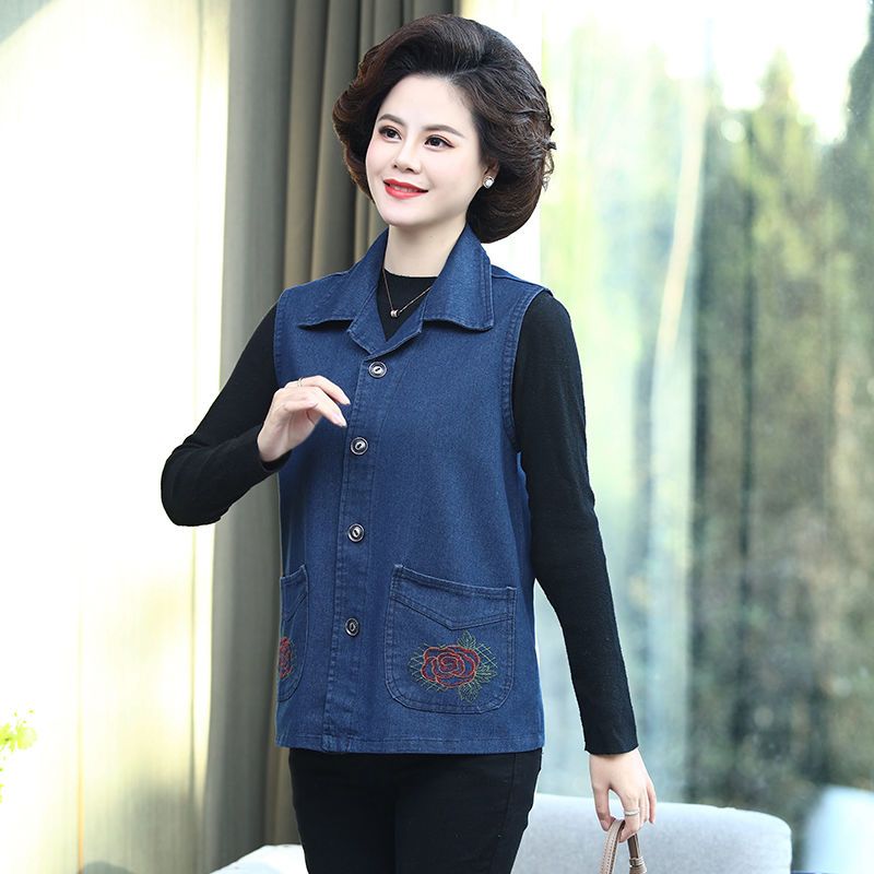 Middle-aged and elderly cowboy vest female mother spring and autumn grandma coat plus fat large size vest sleeveless loose single-layer vest
