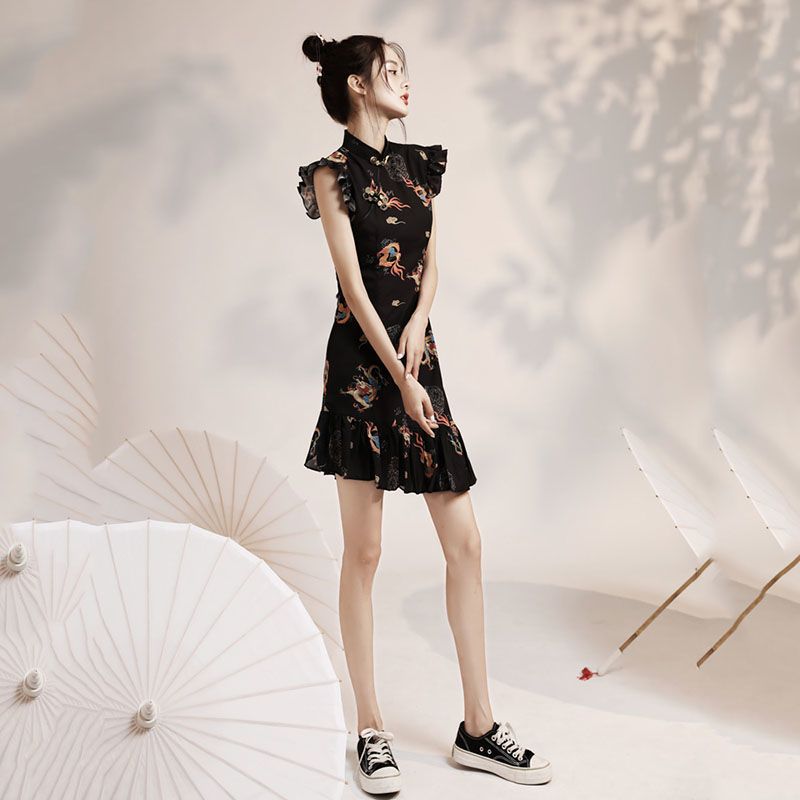 Guochao cheongsam new Chinese style female 2023 new black young style small girl Chinese style dress bone erosion