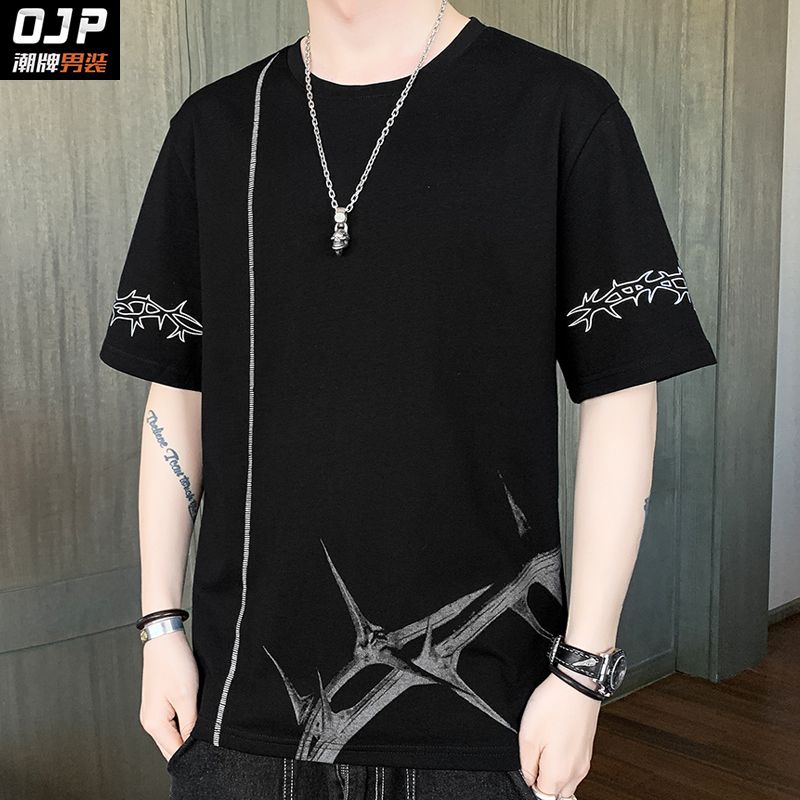 100%純棉新款短袖t恤男夏季寬鬆衣服國潮半袖打底衫體恤ins上衣男