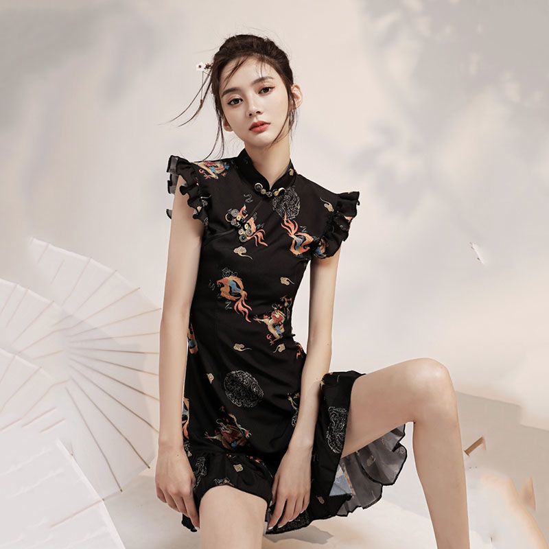 Guochao cheongsam new Chinese style female 2023 new black young style small girl Chinese style dress bone erosion