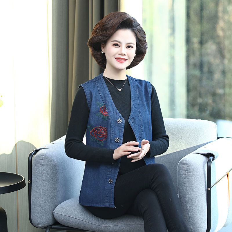 Middle-aged and elderly vest cowgirl embroidered vest spring and autumn plus fat large size loose sleeveless thin waistcoat mother jacket