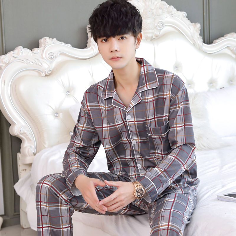 Spring and autumn men's cotton pajamas long-sleeved trousers casual and comfortable suit men's loose thin cardigan can be worn outside