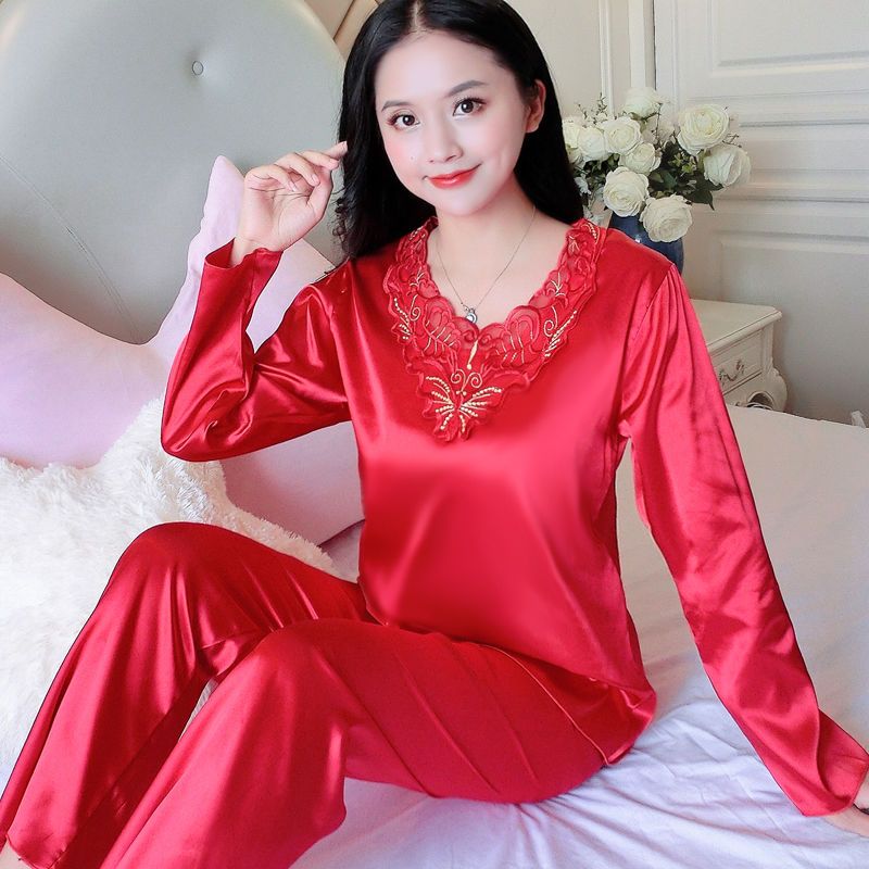 Large size silk pajamas women's spring and autumn long-sleeved Korean style pajamas women's summer imitation silk noble home service two-piece suit