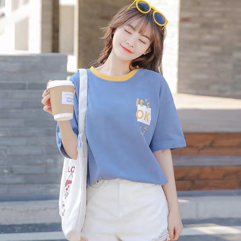 2021年新款韩版宽松百搭春夏撞色t恤女装学生纯棉短袖上衣服潮ins