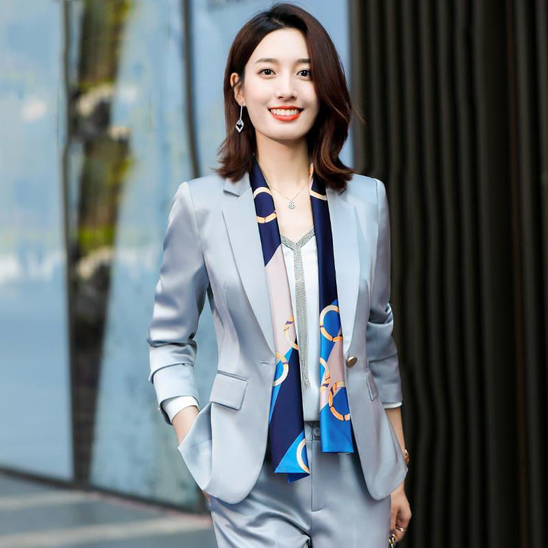 醋酸缎面小西装外套女春秋韩版时尚气质女神范西服高端职业装套装【3